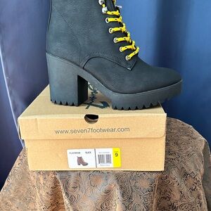 Seven7 Women's Black Lace-Up Boots with Yellow Accents
